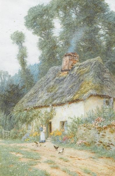 A Mother And Child Outside A Thatchedcottage Oil Painting by Helen Mary Elizabeth Allingham