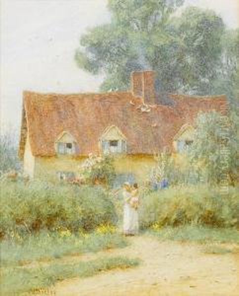 A Mother And Child Outside A Countrycottage Oil Painting by Helen Mary Elizabeth Allingham