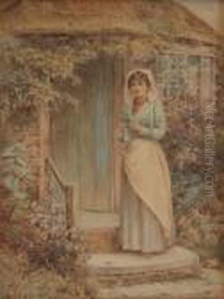 Study Of A Lady Wearing A Whitebonnet And Blue Dress With White Pinafore Oil Painting by Helen Mary Elizabeth Allingham