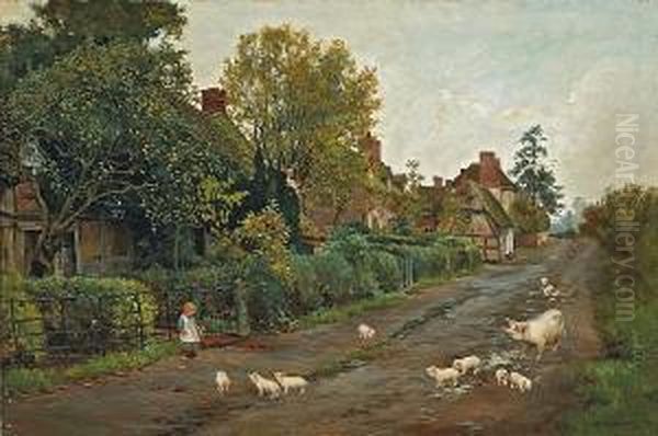 A Sow And Her Piglets Outside A Row Ofcottages With A Small Child Looking On Oil Painting by Helen Mary Elizabeth Allingham