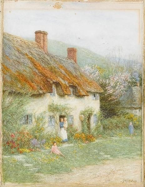 Mother And Child Outside A Country Cottage Oil Painting by Helen Mary Elizabeth Allingham