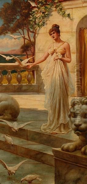 An Elegant Woman Feeding Birds Oil Painting by Sir Lawrence Alma-Tadema