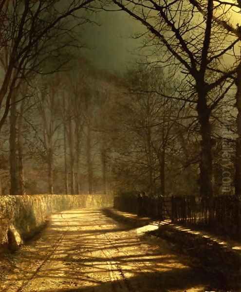 A Moonlit Lane with two lovers by a gate Oil Painting by John Atkinson Grimshaw