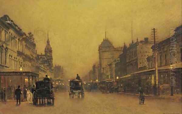 Swanston Street, Melbourne, between the lights Oil Painting by John Atkinson Grimshaw