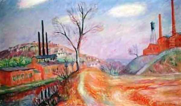 Factories in a Landscape Oil Painting by William Glackens