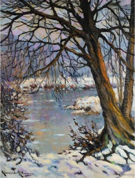 Tree By The Lake In Winter Oil Painting by Alexander Altmann