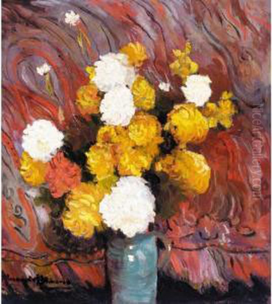 Still Life With Yellow And White Chrysanthemums Oil Painting by Alexander Altmann