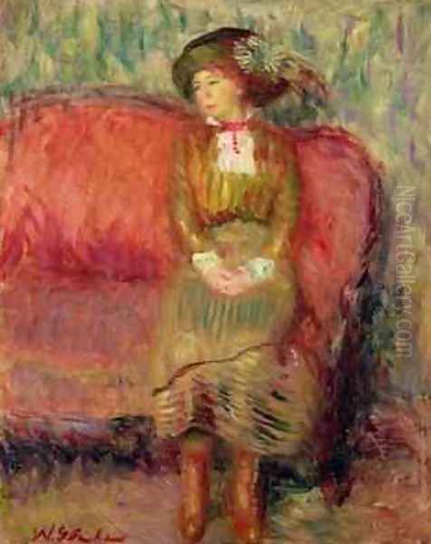 Girl Seated on a Red Sofa Oil Painting by William Glackens