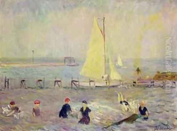 Seascape with Two Sailboats and Six Bathers Oil Painting by William Glackens