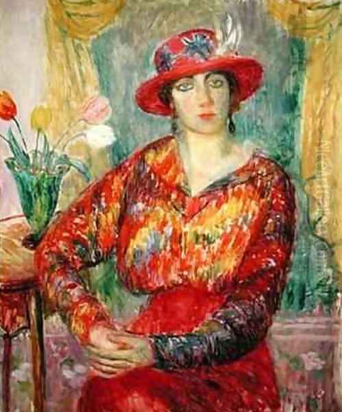 Girl in a Red Dress and Hat Oil Painting by William Glackens