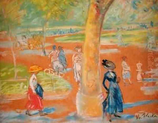 Park Woman in Blue under a Tree Oil Painting by William Glackens