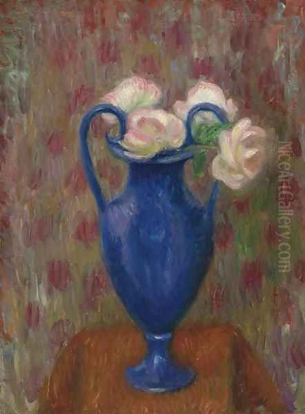 Pink Roses in Blue Urn Oil Painting by William Glackens