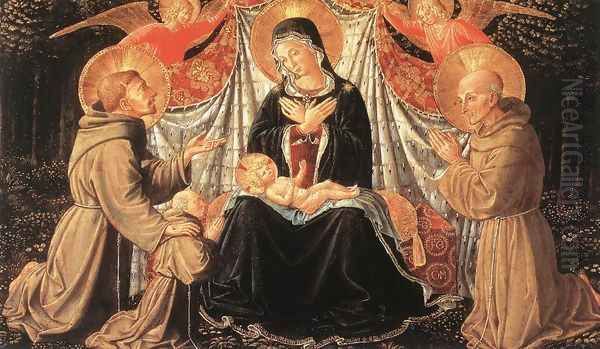 Madonna and Child with Sts Francis and Bernardine, and Fra Jacopo c. 1452 Oil Painting by Benozzo di Lese di Sandro Gozzoli