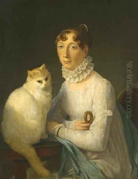 A lady with her cat Oil Painting by Marguerite Gerard