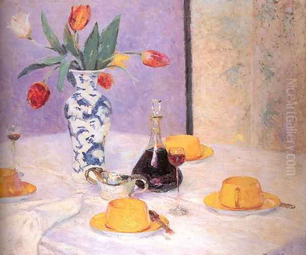 Tulips and Yellow Tea Service Oil Painting by Bernhard Gutmann