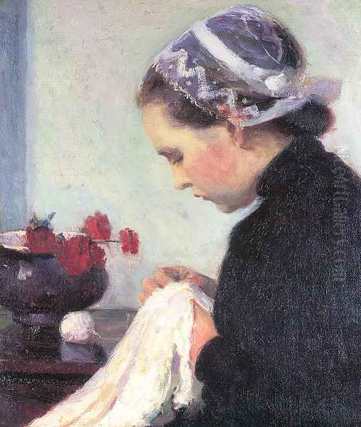 The Sewing Girl 1911 Oil Painting by Bernhard Gutmann