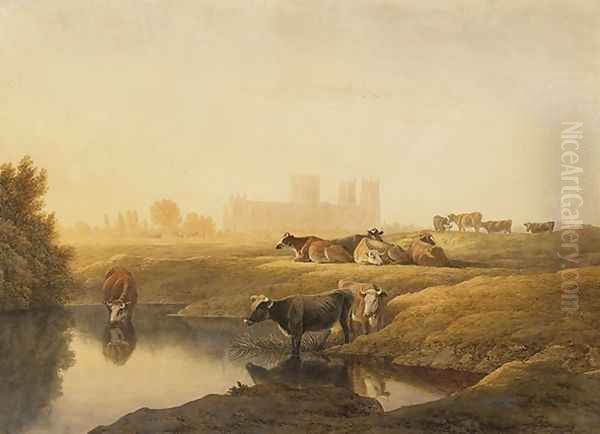 Cattle in Water Meadows with York Minster in the Distance Oil Painting by John Glover