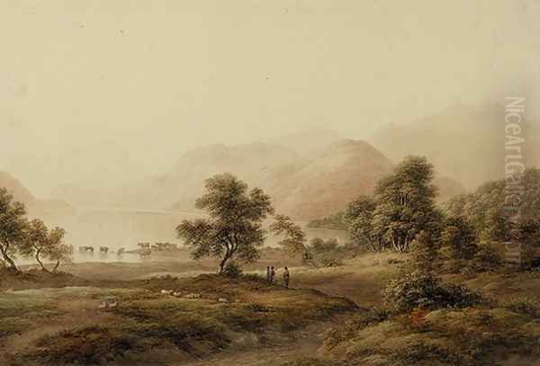 Shepherds with Sheep and Cattle Oil Painting by John Glover