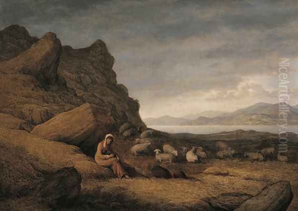 Lake Scene with Seated Figure and Sheep Oil Painting by John Glover