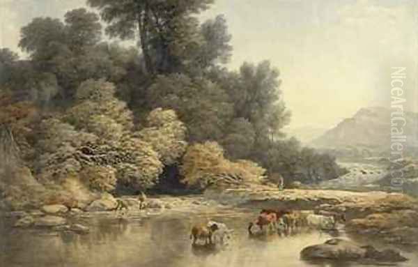 Hilly landscape with River and Cattle Oil Painting by John Glover