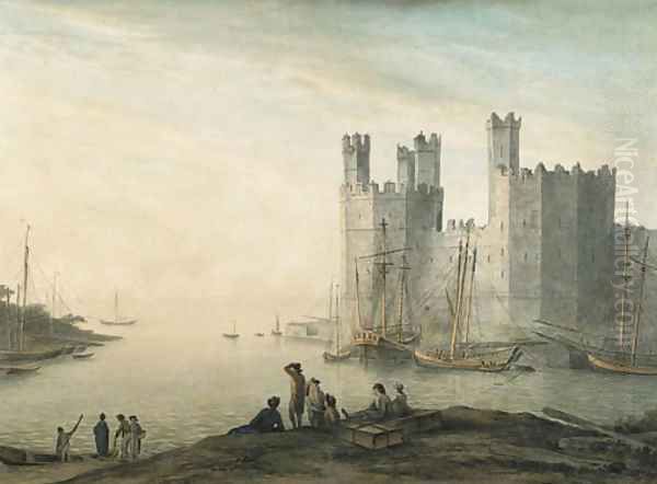 Caernarvon Castle, with boats and figures in the foreground Oil Painting by John Glover