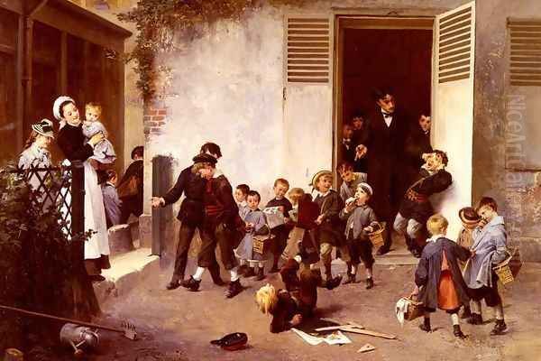 La Sortie De L'ecole (Class is Over) Oil Painting by Henri-Jules-Jean Geoffroy (Geo)