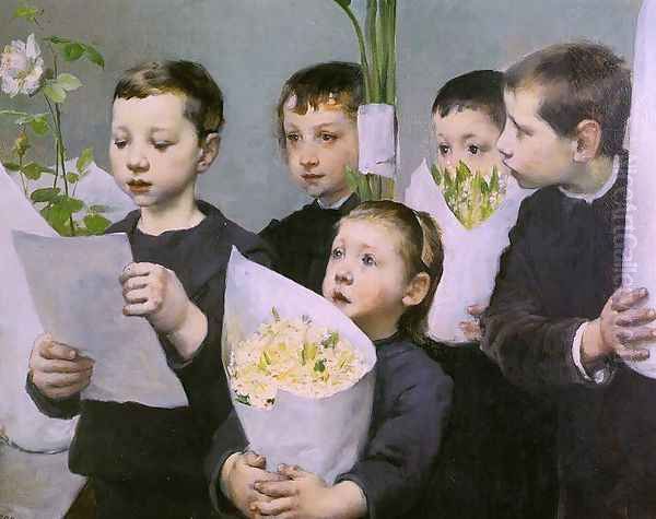 Paying Homage to the Teacher on a Holiday (Le Compliment un jour de fête à l'école) 1893 Oil Painting by Henri-Jules-Jean Geoffroy (Geo)