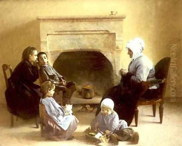 Family seated around a hearth Oil Painting by Henri-Jules-Jean Geoffroy (Geo)