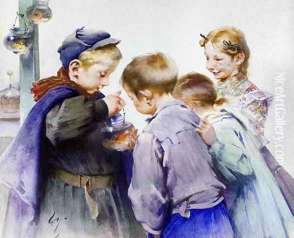 Children with Fish Oil Painting by Henri-Jules-Jean Geoffroy (Geo)