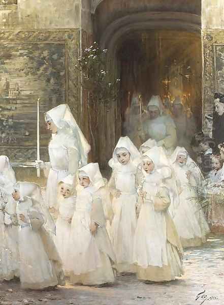 Theorie des petites filles a la procession de la fete dieu Oil Painting by Henri-Jules-Jean Geoffroy (Geo)