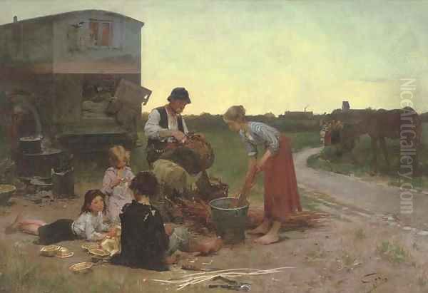 A family of basket weavers Oil Painting by Henri-Jules-Jean Geoffroy (Geo)