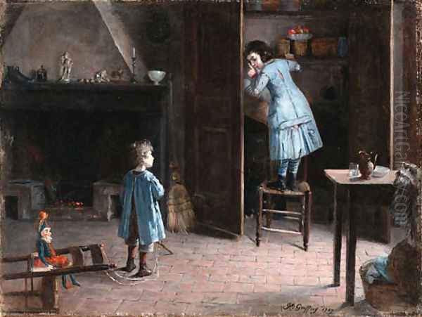 Children in an interior Oil Painting by Henri-Jules-Jean Geoffroy (Geo)