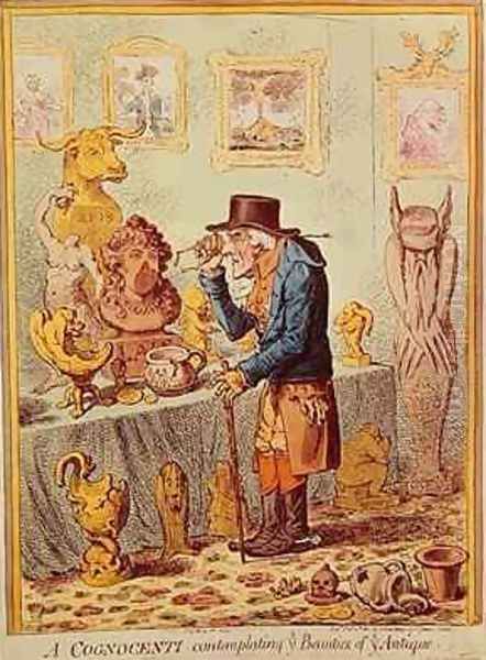 A Cognocenti Contemplating Ye Beauties of Ye Antique Oil Painting by James Gillray