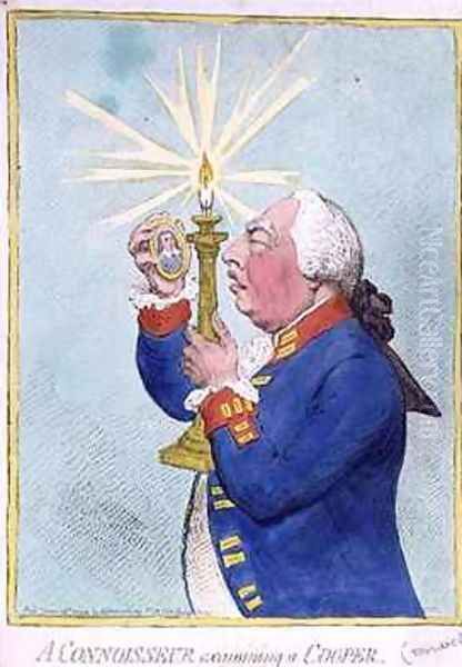 A Connoisseur examining a Cooper George III 1738-1820 fearing a new revolution peers at a portrait of Cromwell Oil Painting by James Gillray