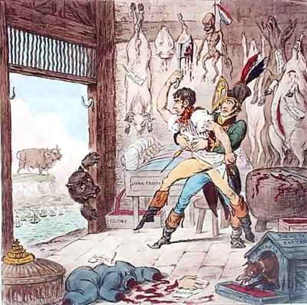 Napoleon Bonaparte 1796-1821 being restrained from butchering the bear of Russia Oil Painting by James Gillray