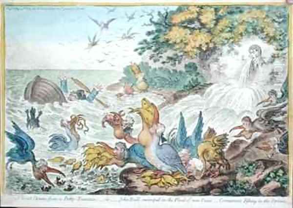 A Great Storm from a Petty Fountain or John Bull swamped in the Flood of New Taxes Cormorants Fishing in the Stream Oil Painting by James Gillray