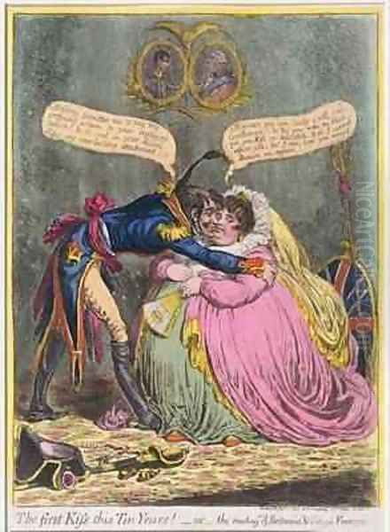 The First Kiss in Ten Years or The Meeting of Britannia and Citizen Francois Oil Painting by James Gillray