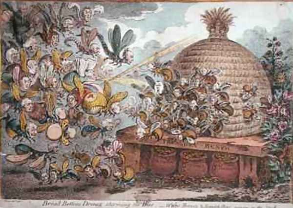 Broad Bottom Drones storming the Hive Wasps Hornets and Bumble Bees joining in the Attack Oil Painting by James Gillray