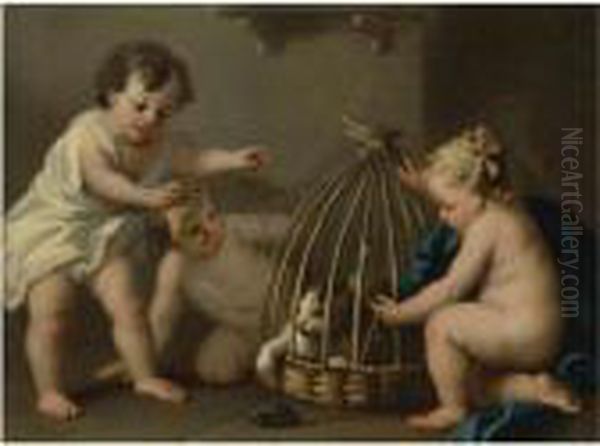 Putti Playing With A Cat Oil Painting by Jacopo (Giacomo) Amigoni