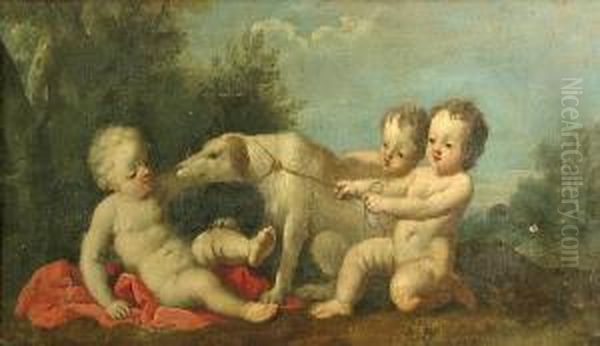 Three Putti Playing With A Pet Dog Oil Painting by Jacopo (Giacomo) Amigoni