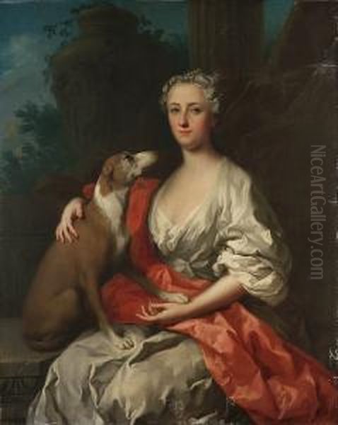 Portrait Of A Lady, Seated 
Three-quarter-length, In A White Dress With A Crimson Wrap, A Dog At Her
 Side, A Landscape Beyond Oil Painting by Jacopo (Giacomo) Amigoni