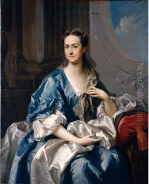 Portrait Of A Lady, 
Three-quarter Length, Wearing A Blue And White Velvet Dress And Seated 
In A Sumptuous Interior Oil Painting by Jacopo (Giacomo) Amigoni