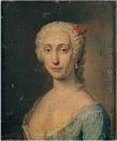 Portrait Of A Lady, Head And 
Shoulders, Wearing A Blue Lace-trimmed Dress And A Red Flower In Her 
Hair, Traditionally Thought To Be Princess Maria Clementina Sobieska 
(1702-1735) Oil Painting by Jacopo (Giacomo) Amigoni