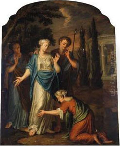 A Peasant Making Supplications To Woman And Attendants, A Templedevoted To Diana Beyond Oil Painting by Jacopo (Giacomo) Amigoni