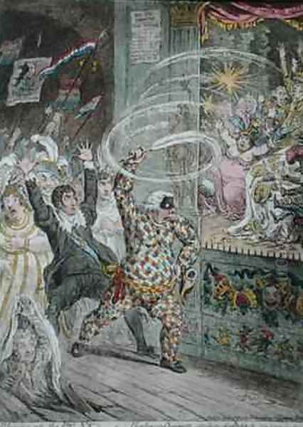 Blowing up the Pic Nics or Harlequin Quixotte attacking the Puppets Oil Painting by James Gillray