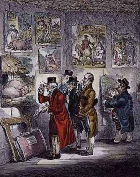 Connoisseurs Examining a Collection of George Morlands Paintings Oil Painting by James Gillray