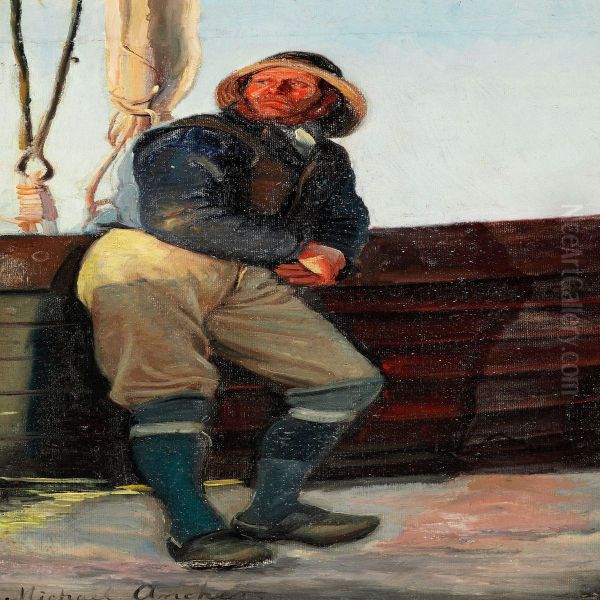 Fisherman From Skagen Leaning Against A Boat Oil Painting by Michael Ancher