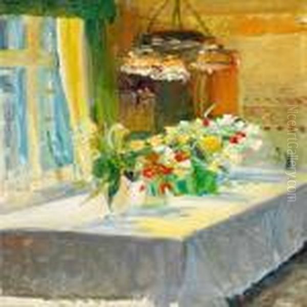 Et Bord Med Blomster Paa Fru Brodersens Fodselsdag Oil Painting by Michael Ancher