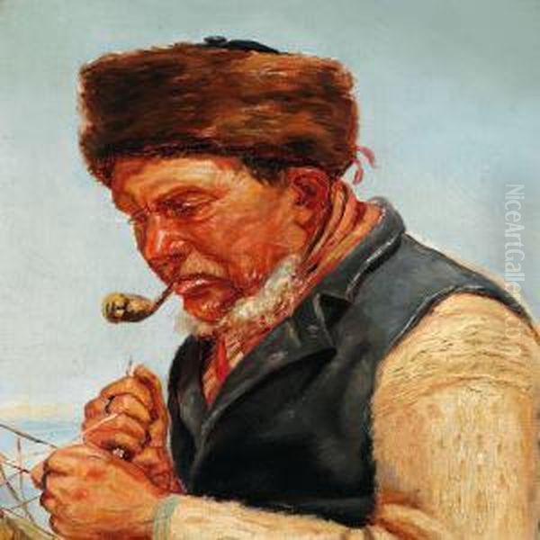 Fisherman Niels Gaihede Reparing A Fishing-net, Skagen Oil Painting by Michael Ancher