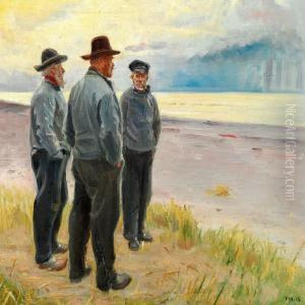 Three Fishermen On The Beach Oil Painting by Michael Ancher